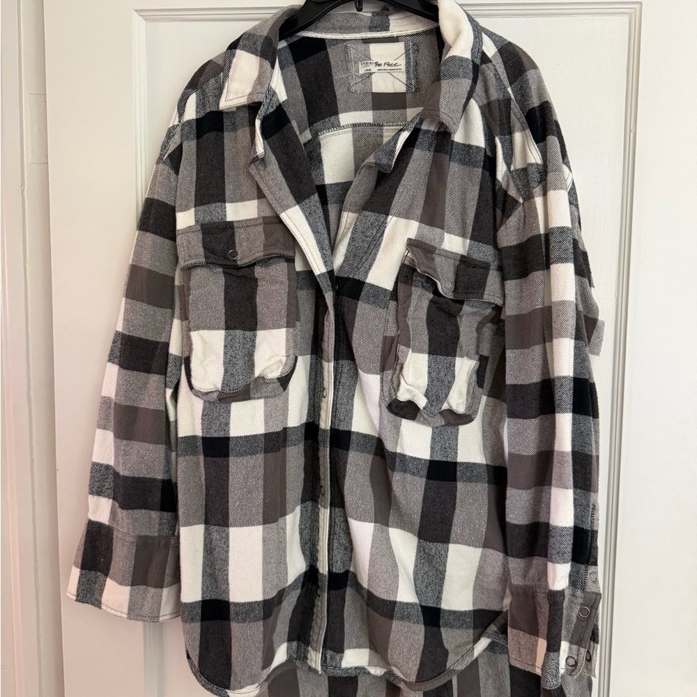 Free People Black, Gray & White Plaid Button-Up Shirt Jacket